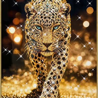 Gilded Leopard Stride - 32 X 47 - Gloss With Foil & Rocks In Frame - Gold, Black