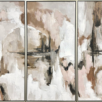 "Ethereal Reflections" Hand-Embellished Canvas Triptych In Frame - Neutral