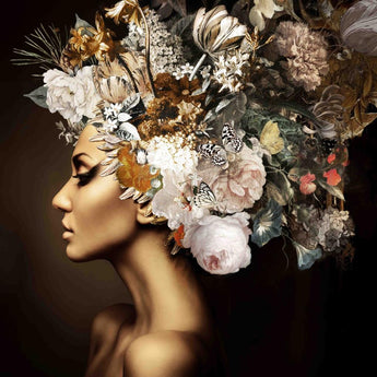 Opulent Flora Muse - 40" x 60" Framed Wall Art - Dark Brown