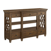 Phillipe Server in Cherry, angled view showing six drawers, open shelves and lattice side panel