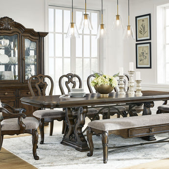 Maylee - Marrón oscuro - 11 piezas. - Mesa extensible de comedor, 4 sillas laterales, 2 sillones, banco de almacenamiento, buffet y aparador