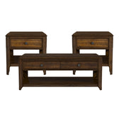 Phillipe occasional table set in cherry, front view of coffee table with two end tables behind
