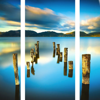 "Serene Reflection" Tempered Glass Triptych With Foil - Blue / Natural
