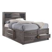Emily storage bed in dark gray, angled view with headboard cubbies and side rail and footboard drawers open