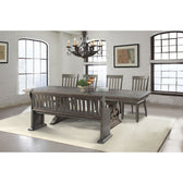 Stone 6 piece dining set in smokey walnut with table, pew bench and four slat back side chairs